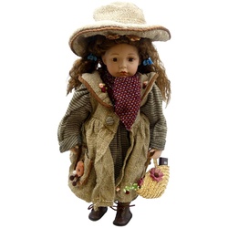 Topline Austria handgemachte Porzellanpuppe braunhaarig mit Mantel 40 cm hand...