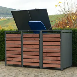 Zelsius Mülltonnenbox-Set für drei Mülltonnen | Anthrazit RAL 7016 Tür in dunkelbrauner Holzoptik