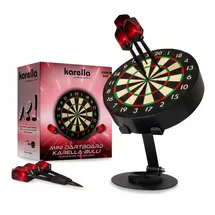KARELLA Mini Dartboard Bulli, Miniatur Dartscheibe Ø 15 cm mit verstellbarem Metallständer, Set inkl. 6 Minidarts (Steel), für Zuhause, Schreibtisch, Deko, Geschenk
