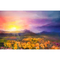 Fototapete PAPERMOON "GÄNSE BLÜMCHEN BLÜTEN-MALEREI WIESE GEBIRGE SONNE WOLKE", bunt, B:3,50m L:2,60m, Vlies, Tapeten