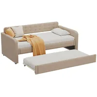 SOFTWEARY Schlafsofa mit Bettfunktion, 90x200 cm, Sofa mit Gästebett, Einzelbett, Leinen beige