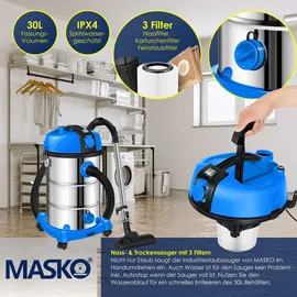 Masko MASKO® Industriestaubsauger Staubsauger Nass Trocken Sauger Edelstahl 2300W + Steckdose Blasfunktion Trocken-Saugen & Nass-Saugen Push&Clean Industrie-Sauger mit & ohne Beutel beutellos