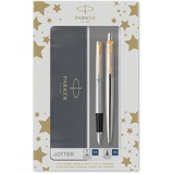Parker Jotter Duo-Geschenkset mit Kugelschreiber und Füller | Edelstahl mit Goldzierteilen | Nachfüllmine und -patronen mit blauer Tinte | Geschenkbox