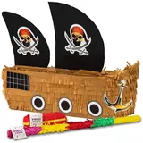 Trendario Pinata Set Piratenschiff, Pinjatta + Stab + Augenmaske, Ideal zum Befüllen mit Süßigkeiten und Geschenken - Piñata Piraten Schiff für Kindergeburtstag Spiel, Geschenkidee, Party, Hochzeit