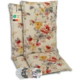 GO-DE Textil Bequeme und attraktive Polsterauflagen für Hochlehner-Gartenstühle (2er-Set, Blumen bunt beige, Hochlehner)