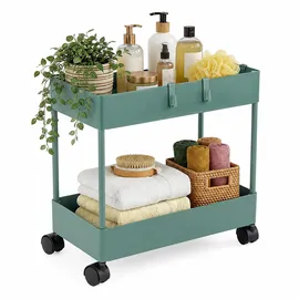 Relaxdays Rollwagen, 2 Etagen, Servierwagen, Küchenwagen, Bad & Büro, Rollregal, HBT 38x39,5x21,5 cm, Bastelwagen, grün