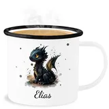 Emaille Becher Blechbecher - Süßer Kleiner Drache mit Namen I Nachtdrache I Dragon I Drachen I Drachenzähmen - 300 ml - Weiß Schwarz - tasse drachenmotiv trinkbecher personalisierte und name