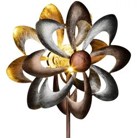 Spetebo Metall Doppel Windrad mit Solar LED Glaskugel - Ø 23 cm - Deko Gartenstecker mit Beleuchtung in warm weiß - Garten Deko Windspiel Windmühle Blumenstecker Beetstecker beleuchtet wetterfest