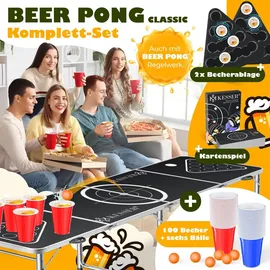 Kesser KESSER® Bier Pong Tisch Set mit Kartenspiel Trinkspiel inkl. 100 Becher (50 Rot & 50 Blau), 6 Bälle + Regelwerk Partyspiele Table Höhenverstellbar Klappbarer ohne oder mit LED