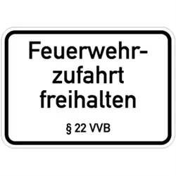 Schild Feuerwehrzufahrt freihalten § 22 VVB, Alu, 500x350 mm
