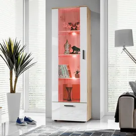 komodee Komodee, Vitrine, Eiche Wotan, Weiß, Glas, Holz Optik, 3 Fächer, Rechteckig, 60x192x42 cm, Wohnzimmer, Wohnwände, Vitrinenschränke