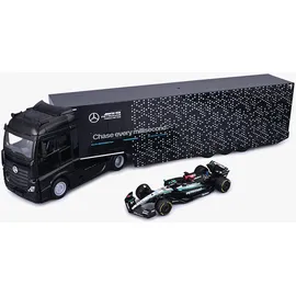 MAISTO Bburago - Mercedes-AMG Semi Truck mit W15 Russell, Diecast-Set Maßstab 1:43, Transporter mit F1-Auto, Lizenz, Alter 3+