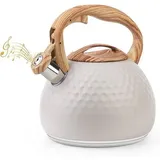 Wasserkessel Induktion Edelstahl Holzmasergriff Pfeifton 3000ml Weiß