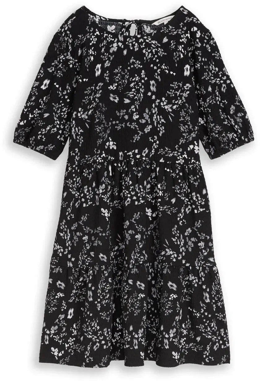 TOM TAILOR DENIM Damen Crinkle Mini-Kleid mit Blumenmuster, schwarz, Geblümt, Gr. M