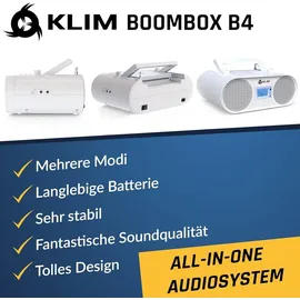 Klim Boombox B4 Radio mit CD Player + AM/FM Radio, MP3, Bluetooth, AUX, USB + tragbarer CD Spieler mit kabellosem Modus und aufladbaren Akku weiß