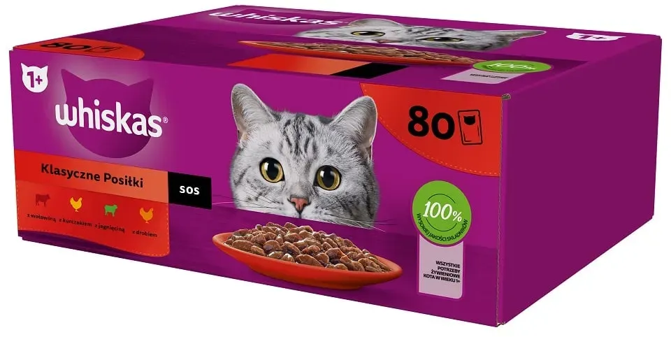 WHISKAS Adult 80 x 85 g Classic Meals - Nassfutter für ausgewachsene Katzen, in Sauce (Schnitte mit: Rind, Huhn, Lamm, Geflügel)