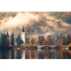 Fototapete PAPERMOON "Turm am See", bunt, B:5,00m L:2,80m, Vlies, Tapeten