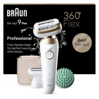 Braun Silk-épil 9 Flex, Epilierer Damen / Haarentferner für langanhaltende Haarentfernung, Rasieraufsatz, Massageaufsatz, 9-071 3D, weiß/Gold