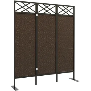 Outsunny Paravant, 148 x 181 cm Garten Raumteiler mit Rattanoptik, Anti-UV Trennwand mit Heringe, Raumtrenner für Garten, Terrasse, Stahl, Dunkelbraun