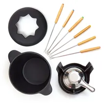 Bonvivre Gusseisen Fondue Set für 6 Personen - 1 Liter - Fondueset 13-teilig mit Brenner und 6 Gabeln - mit Emaille-Beschichtung - Schwarz