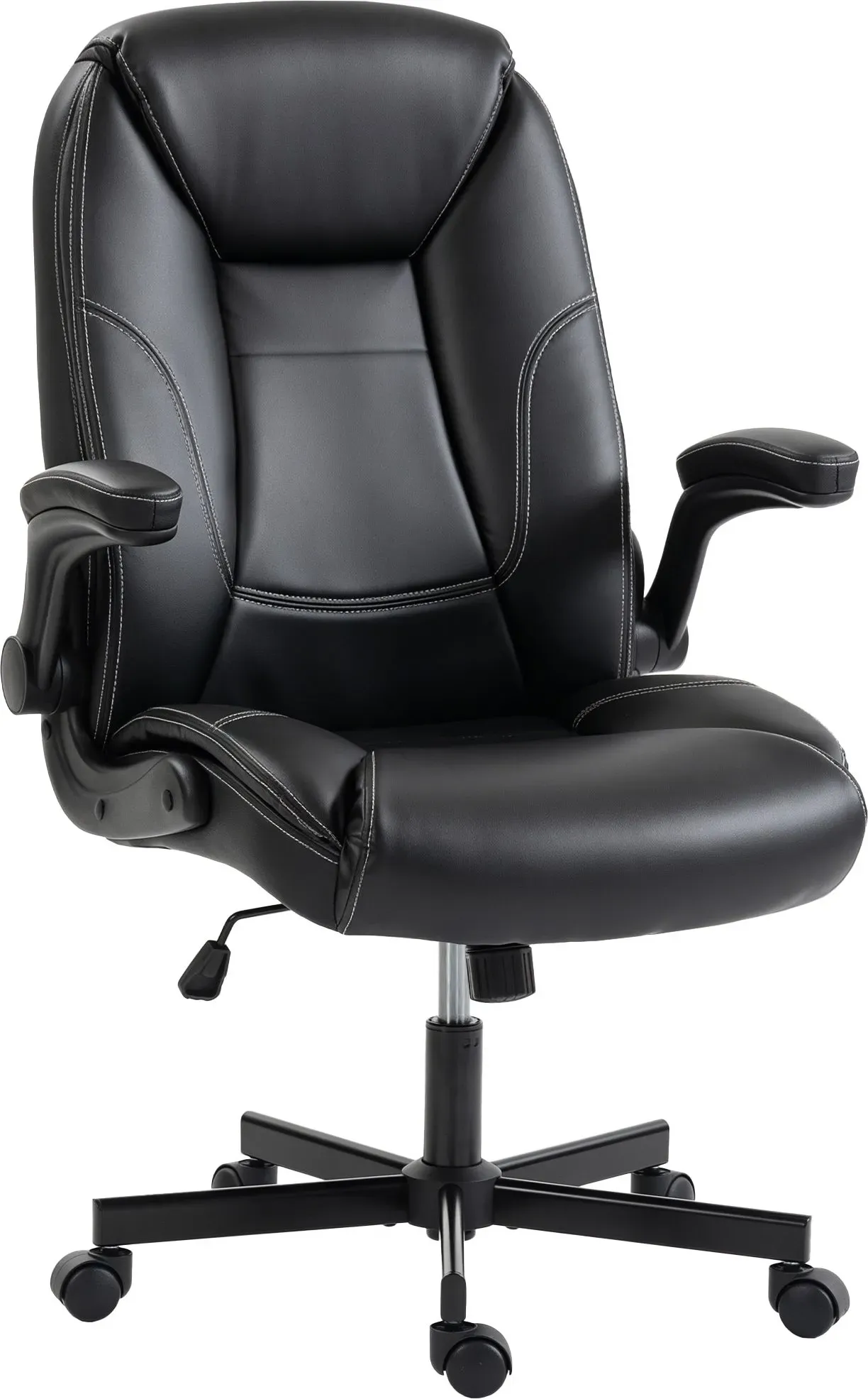HOMCOM Ergonomischer Bürostuhl, PU-Sessel, hochklappbare Armlehnen, zonierter Sitz & Rücken, höhenverstellbar, Wippfunktion, 360° drehbar, Schwarz   Aosom