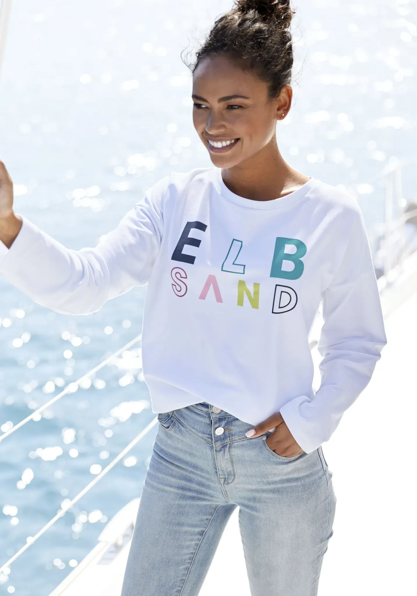 Sweatshirt ELBSAND "Aliisa" Gr. XL (42), weiß Damen Sweatshirts mit Logodruck vorne Bestseller