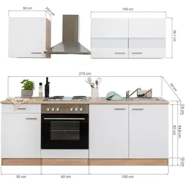 Respekta Küchenzeile Merle 210 cm E-Geräte Edelstahlkochmulde weiß