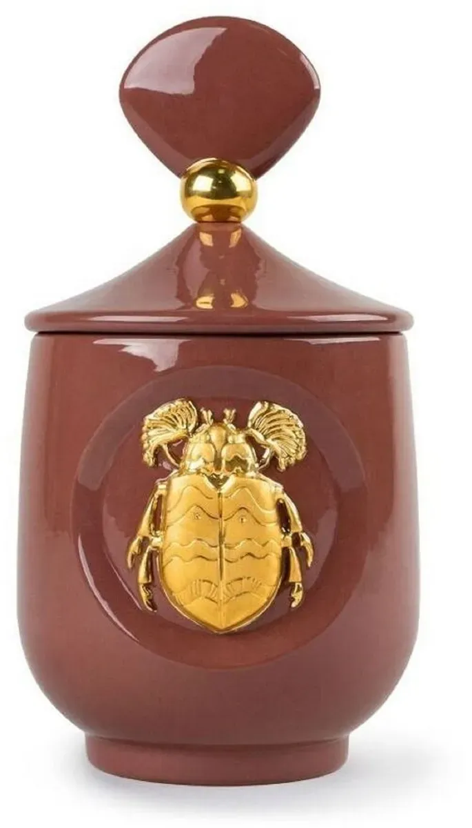 Casa Padrino Luxus Duftspender Skarabäus Rot / Gold Ø 11 x H. 21 cm - Runder Porzellan Raumerfrischer mit Deckel - Deko Accessoires - Luxus Qualität