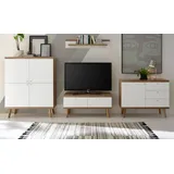 furn.design Wohnwand in weiß und Eiche Schrankwand skandinavisch 4-tlg Wohnzimmer Set Helge,