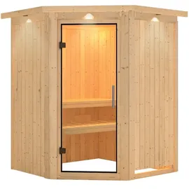 Karibu Nanja - 68 mm Systemsauna - 230 Volt Plug & Play - Ohne Ofen - Inkl. Dachkranz - Klarglas Ganzglastür