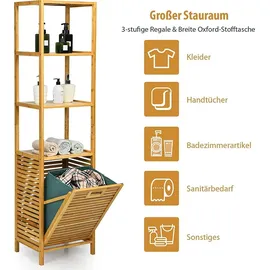 Costway Badezimmer Hochschrank mit Wäschekorb, Badezimmerschrank aus Bambus mit Regalen, Wäscheschrank Badschrank Badregal ideal für Bad Schlafz...