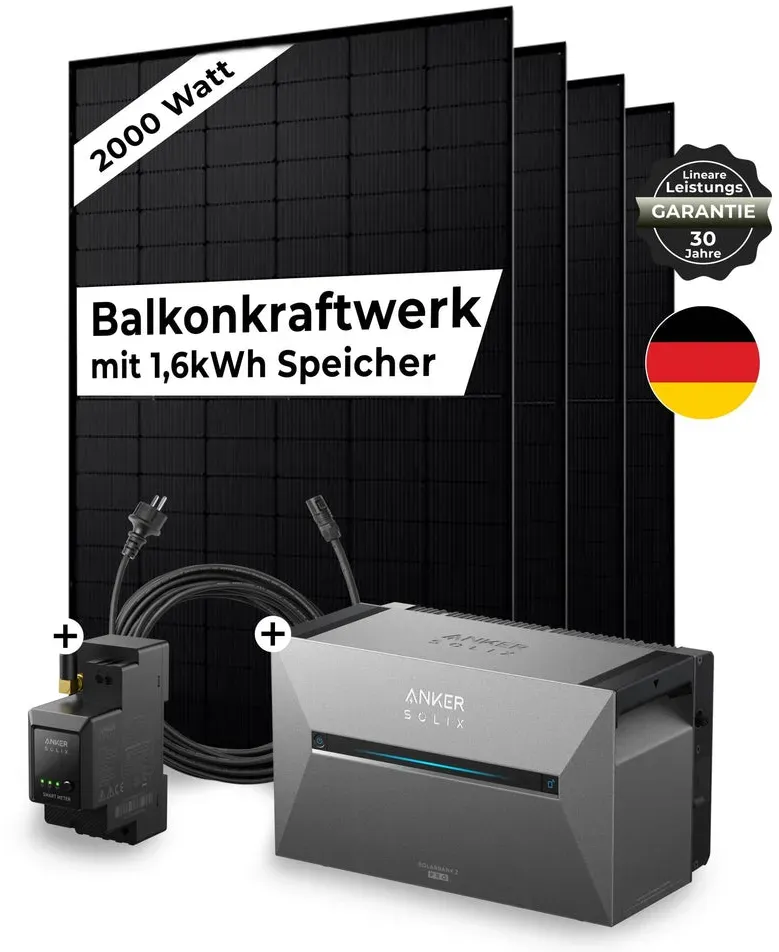 Sicatron 2000 W Balkonkraftwerk - 4x 500W Bifazial - Anker Solix Solarbank 2 Pro - Mit Smart Meter +40€ / Mit Flachdach Halterung +112€