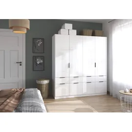Rauch Möbel Aberdeen, Drehtürenschrank Kleiderschrank, Schrank Garderobe 4-türig, 8 Schubladen, Farbe Weiß/Hochglanz weiß, Griffe Grau metallic, 181x197x54cm