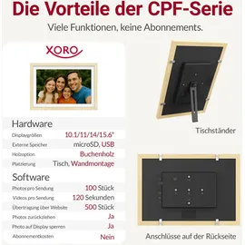 Xoro CPF 10PF – 10,1 Zoll WiFi Digitale Bilderrahmen, 1920x1080 HD IPS Touch Display, 32GB Speicher, Automatische Rotation, Buchenholz, Teilen Sie Fotos sofort von überall aus