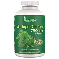 BIOMENTA Moringa Oleifera – 180 vegane Moringa Kapseln hochdosiert mit je 750 mg Blattpulver - Premiumqualität