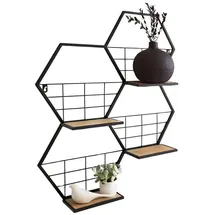 Dekoleidenschaft Wandregal "Hexagon" aus Metall, schwarz, 4 klappbare Böden aus MDF, Wanddeko, Wandschmuck