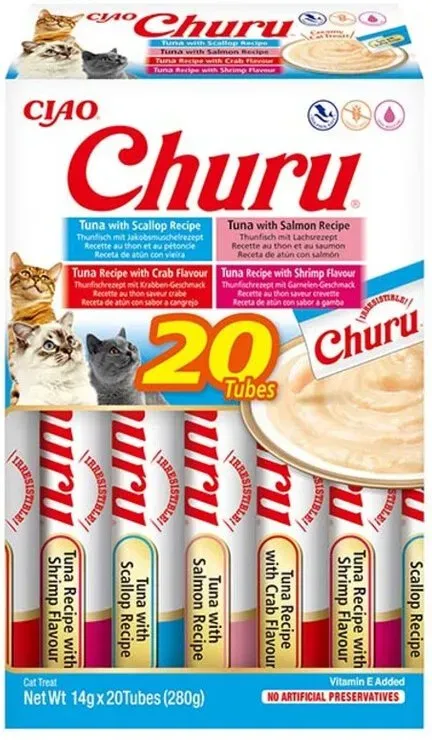 Ina-Paws Churu Thunfisch-Meerfrüchte-Mix, 20er-Pack, Flüssigfutter im Portionsbeutel für Katzen, hochwertiges Meeresfleisch-Protein, kalorienarmer Snack, geeignet für alle Rassen