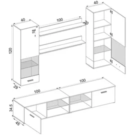 komodee Komodee, Wohnzimmerset, Schwarz, Schwarz, Holzwerkstoff, 8 Fächer, Rechteckig, 200x190x45 cm, Wohnzimmer, Wohnwände, Wohnwand-Sets