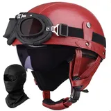 Deutscher Leder Motorrad Halbhelm für Erwachsene Männer Frauen, Vintage Halbschalen-Helm ECE Geprüft Halbschalenhelm mit Schutzbrille Visier, für Fahrrad Cruiser Scooter Chopper