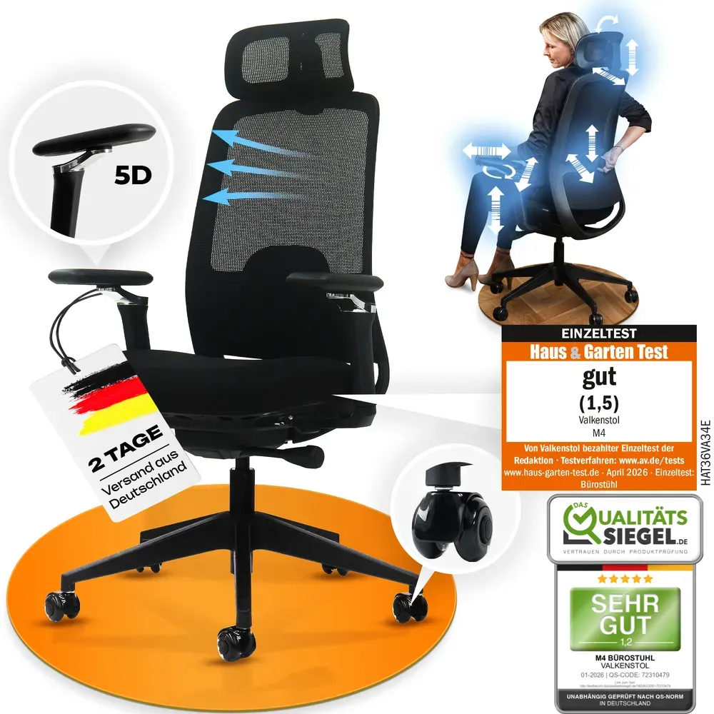 VALKENSTOL M4 - Bürostuhl ergonomisch, modern und stylish - Kopf-/Armstütze