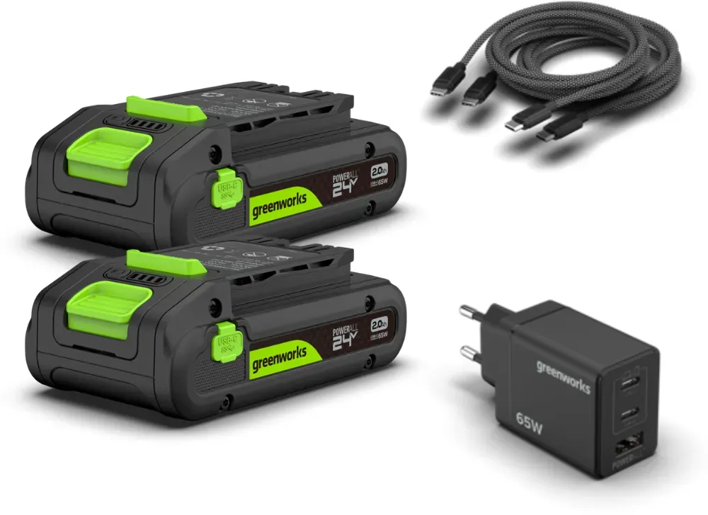 Greenworks POWERALL 24V Starter Kit 2x 2Ah USB-C Akkus + 65W Ladegerät