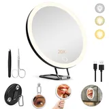 JJhxr 20X Vergrößerungsspiegel mit Licht,15.24 cm großer Makeup Vergrößerungsspiegel, 3 Farben Dimmbarer Makeup Spiegel mit 360° Tischständer, Tragbarer LED Vergrößerungsspiegel mit 3 Saugnäpfen