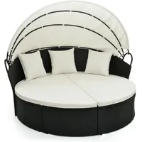 Rattan Sonneninsel mit einziehbarem Baldachin, 2-3 Personen Sonnenliege rund, Gartenliege inkl. Sitzkissen & Rückenkissen, Gartenlounge