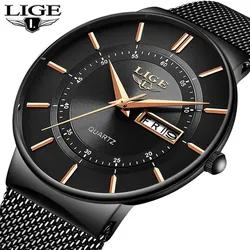 LIGE Luxusmarke Uhren Mode Mesh Stahl Quarzuhr Männer Ultradünn Wasserdicht