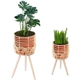 Navaris Blumentopf 2x Blumentopf mit Ständer im Rattan Look - Boho Blumentopfständer (1 St) braun