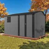 HOMAVO Gerätehaus Metall mit Pultdach, Gartenhaus Metall mit Fundament, 366.1 ×237× 212.3 cm, ideal für Garten, Terrasse oder Rasen - Grau