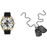 Diesel Herren Spiked Schwarze Lederuhr und Font Halskette aus Edelstahl, Set