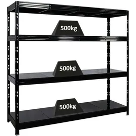 Proregal Schwerlastregal Metall 180x200x60cm schwarz 4 Stahlplatten-Ebenen Fachlast 500kg