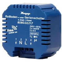 Kopp 808002217 Funk-Empfänger: 4-Draht/2-Kanal, Funktion wählbar: Rollladen-/Jalousiensteuerung oder Serienschalterfunktion, max. 2x1800W, Farbe: blau
