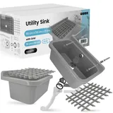 Waschbecken Spülbecken Ausgussbecken Waschtrog Becken 55 x 34 x 21 cm Grau mit Gitter 36 x 30 cm Gewerbe Waschraum Garten Garage Keller Werkstatt Waschküche Außenwaschbecken Gartenwaschbecken